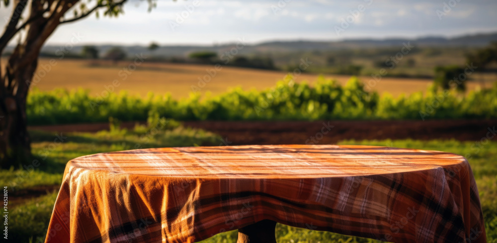 Aufkleber empty table with tablecloth for montage of product display in green field at daylight. high quality 