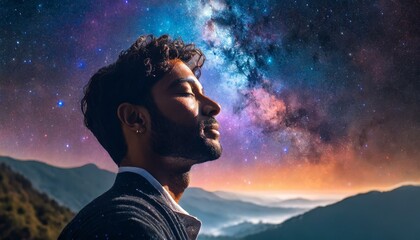Silhouette of man with colorful galaxy in the head