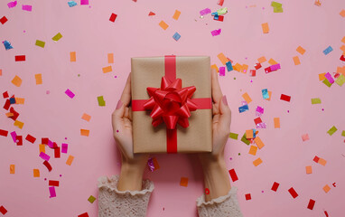 Woman hands holding birthday gift box with red bow on pastel pink background