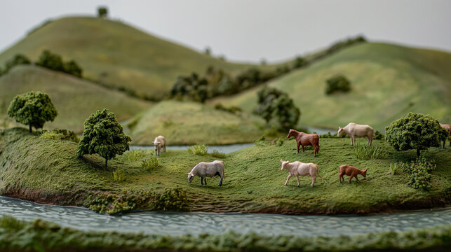 A serene farm landscape with a herd of cows grazing on vast green pastures,3D layout