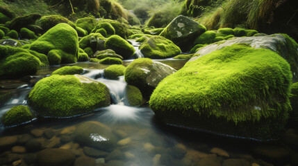 Photograph hyper-realistic images of moss-covered rocks in a tranquil stream. Frame the composition...