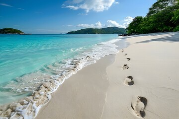 Footprints leading from white sand beach into the crystal clear water. Concept Beach, Footprints, Clear Water, Summer, Tranquility