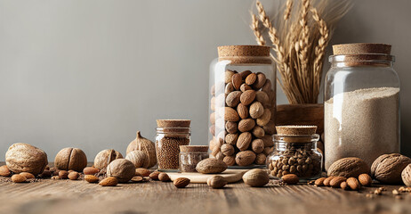 Sustainable kitchen concept with bulk foods in glass jars on wooden table - 742528892