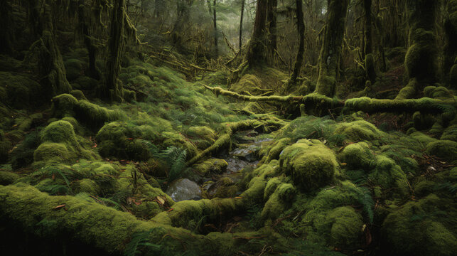 hyper-realistic images of the forest floor covered with lush, vibrant moss. Frame the composition to convey the intricate details of the mossy landscape, adding a cinematic touch to the natural scene.