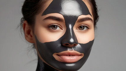 Gorgeous young woman with charcoal mask on her face, for unclogging pores and absorbing environmental pollutants, oil, and dirt from the skin.