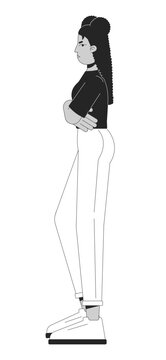Irritated latina girl facing away side black and white 2D line cartoon character. Arms crossed female isolated vector outline person. Gesture body language monochromatic flat spot illustration