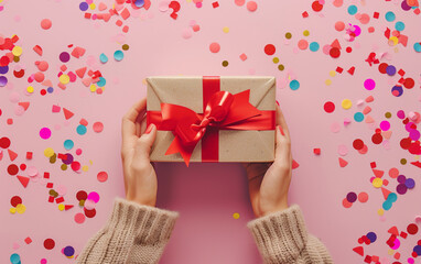Woman hands holding birthday gift box with red bow on pastel pink background