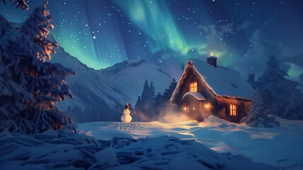 A charming winter cabin aglow with warm lights, nestled in a snowy landscape under the magical northern lights.