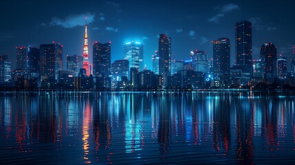 The city skyline at night, bathed in vibrant lights, casts a tranquil reflection across the still waters, showcasing urban beauty.