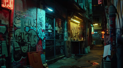 A dimly lit urban alleyway, its walls covered with layers of graffiti, exudes a raw and edgy nighttime atmosphere.