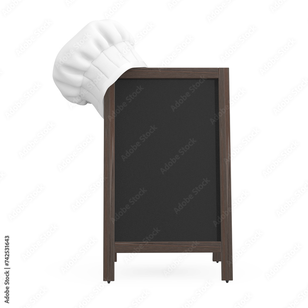 Poster white clear professional chef hat with blank wooden menu blackboard outdoor display. 3d rendering