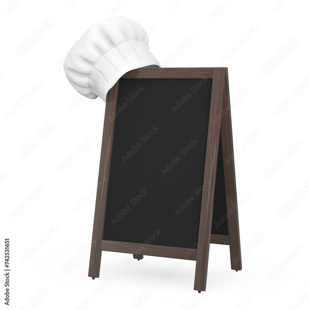 Poster white clear professional chef hat with blank wooden menu blackboard outdoor display. 3d rendering