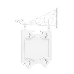 Blank Monochrome White Hanging Sign with Free space for Your Design and Floral Forging Elements in Clay Style. 3d Rendering