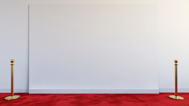 Blank mockup of media wall backdrop next to red carpet. Brand representation in high profile events. Celebrities spotlight