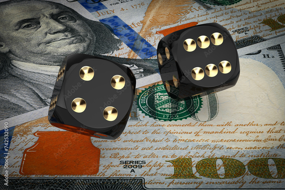 Aufkleber black game dice cubes in flight on hundred us dollar bills. 3d rendering