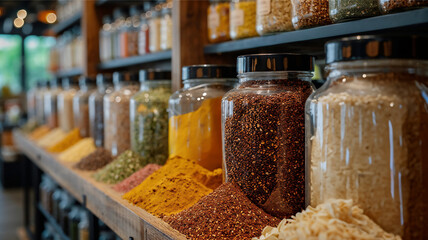Plastic free concept. Assorted grains and spices in glass jars on wooden shelves in a cozy bulk food store with warm ambient lighting - 742532097