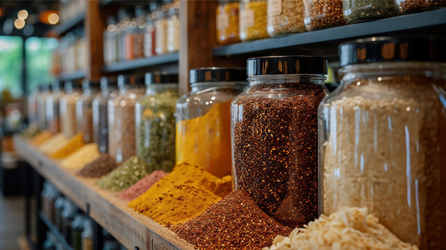 Plastic free concept. Assorted grains and spices in glass jars on wooden shelves in a cozy bulk food store with warm ambient lighting