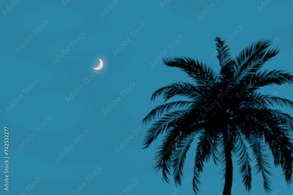 Poster silhouette of a palm tree against the background of the evening sky with the moon. 3d rendering
