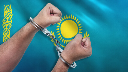 A man getting under arrest in Kazakhstan. Concept of being handcuffed, detained, incarcerated and...