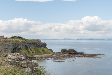 Looking North at the East Lothian Coast with derelict look-out buildings, Scotland