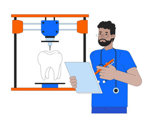 3D printing of human tooth line cartoon flat illustration. Biomimetic restorative dentistry. Printer orthodontist 2D lineart character isolated on white background. Prototype scene vector color image