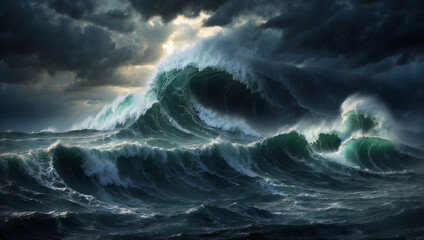 Giant tsunami waves dark stormy sky - obrazy, fototapety, plakaty