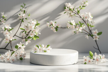 White round podium, pedestal cosmetic beauty product on gray background with spring flowers, tree...
