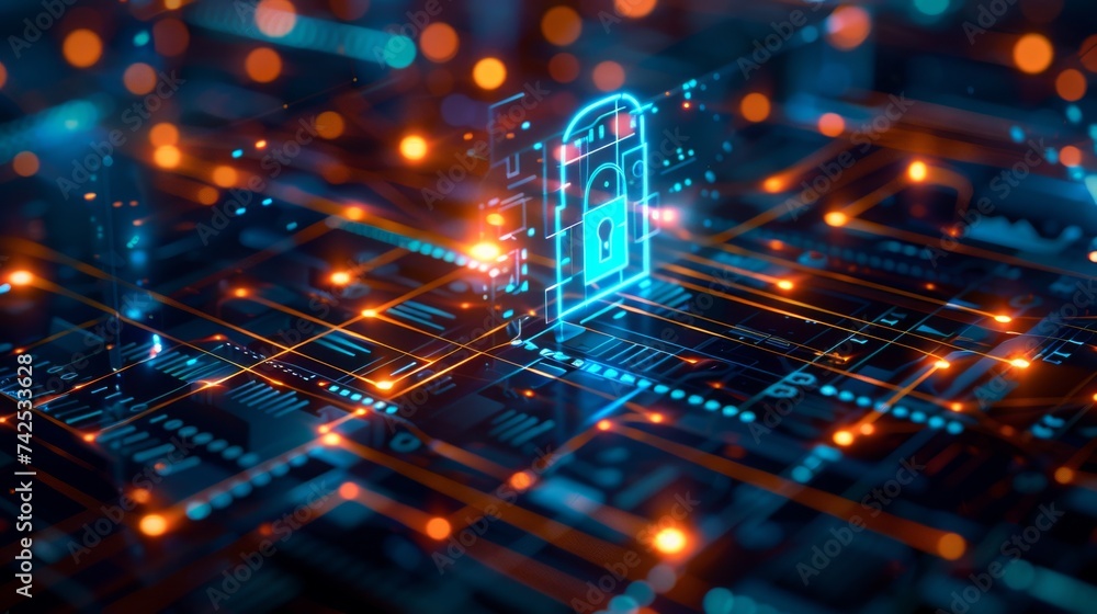 Aufkleber digital padlock symbolizing cybersecurity glowing on an intricate circuit board with neon lights and