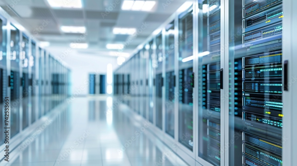 Aufkleber row of server racks in a modern data center with a focus on network and computing infrastructure.