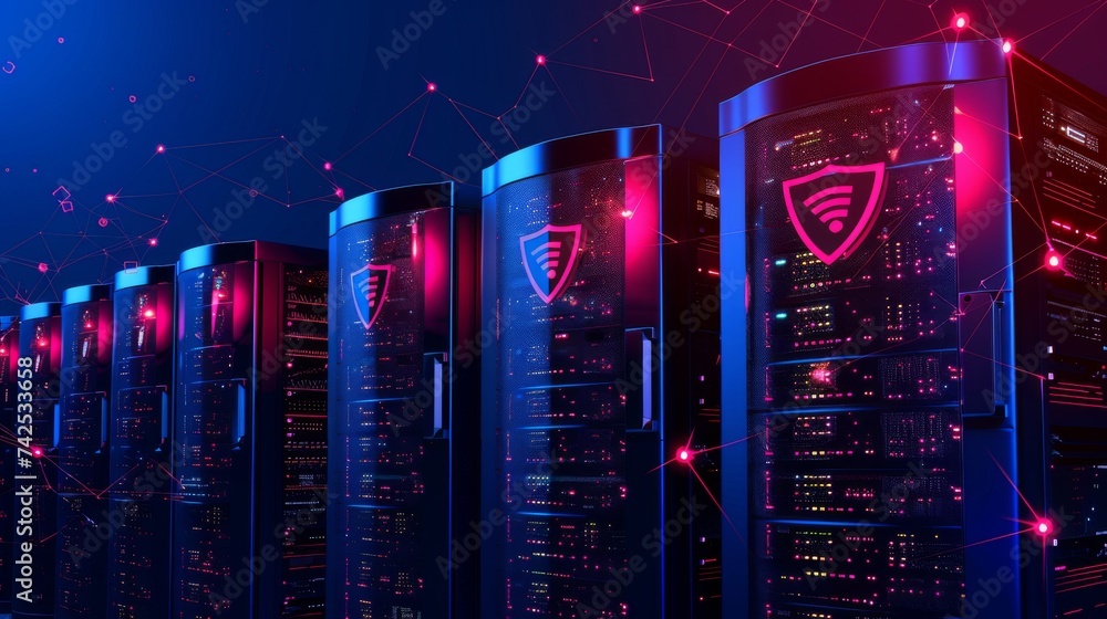 Aufkleber a row of network servers featuring encryption shield icons, representing strong cybersecurity measur