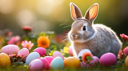Fototapeta na wymiar Colorful easter eggs and rabbit on green grass