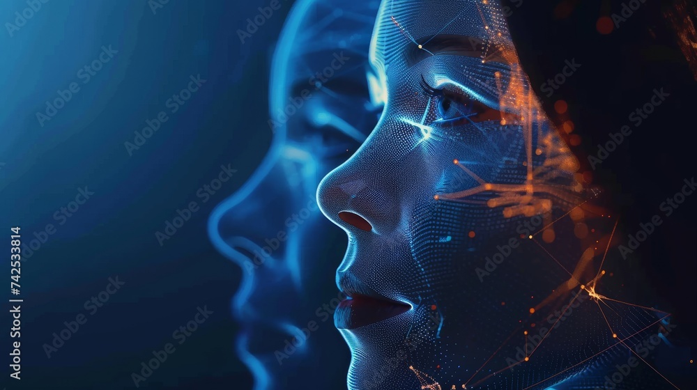 Aufkleber digital wireframe of a woman's face representing advanced artificial intelligence and facial recogni