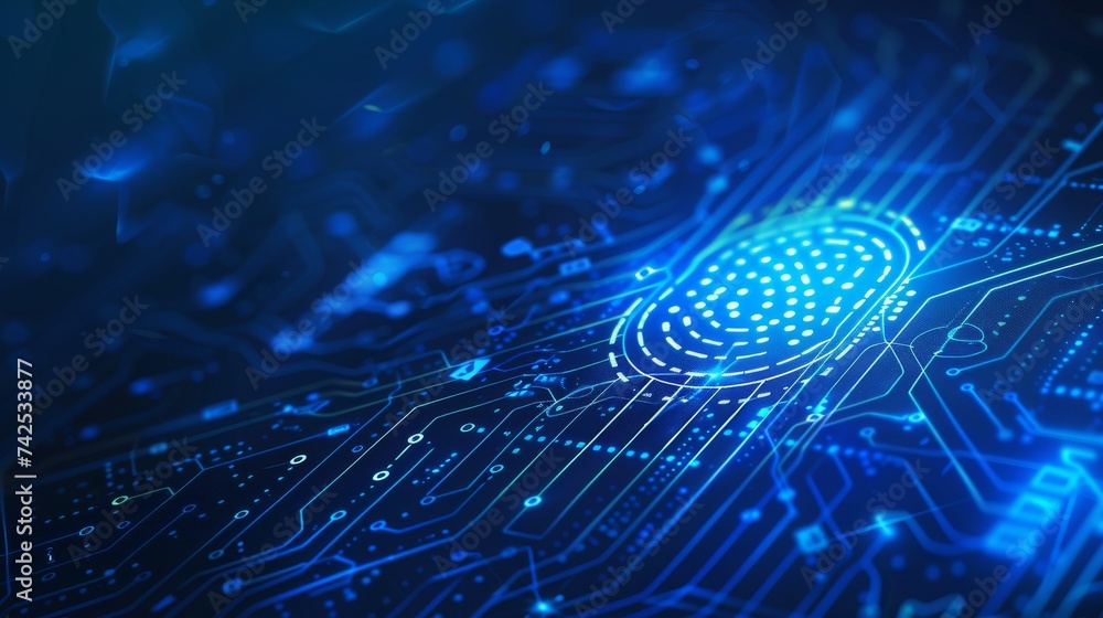 Aufkleber a glowing fingerprint overlay on a digital circuit board, illustrating the concept of biometric secu