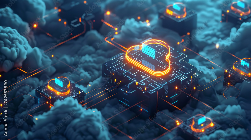 Aufkleber a conceptual network of cloud computing nodes with glowing data paths, highlighting secure data tran