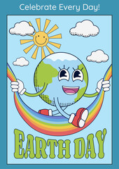 Earth Day poster in retro groovy style with Earth character jumping over the rainbow. Holiday poster. Vector illustration.