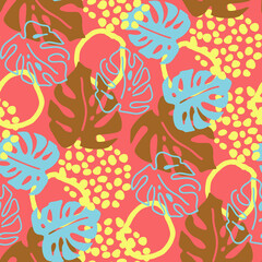 Monstera leaves decorative seamless pattern for textile design, fabric print, digital or wrapping paper, wallpaper, background and backdrop, decoration. Tropical summer holiday theme.