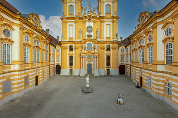 Melk Abbey, view of courtyard in front of Collegiate Church, St. Peter and St. Paul church, Melk, Austria - obrazy, fototapety, plakaty