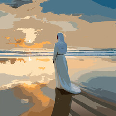 A woman admiring scenic sunrise view on beach.