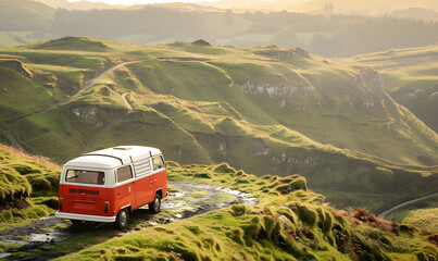 On the Road Again vintage camper van parked on a winding mountain road, Generative AI 