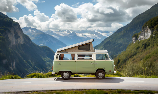 On the Road Again vintage camper van parked on a winding mountain road, Generative AI  - Powered by Adobe