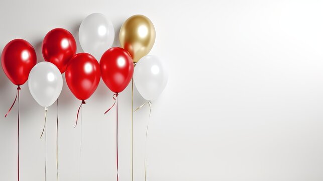 Colourful balloons, golden, white, red, streamers isolated