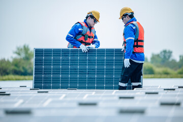 Engineers inspect the structural stability and alignment of floating solar panel arrays as QC work.