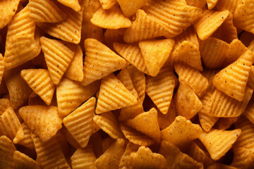 Processed collage of orange snack chips macro photo. Background for banner, backdrop or texture
