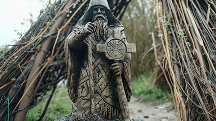 Perun pagan god statue, medieval Polish village, thatch village, dark and gritty