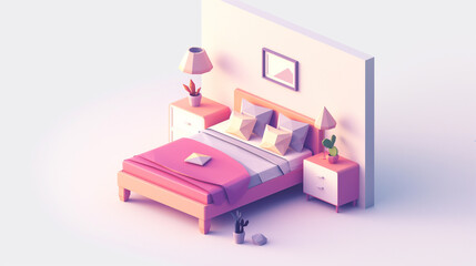 Vibrant Isometric Bedroom with Pink Theme, Modern Furniture, and Artistic Decorations