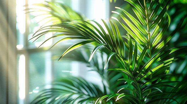 Lush green palm leaves against a bright background, emphasizing the fresh and vibrant growth of tropical plants in nature