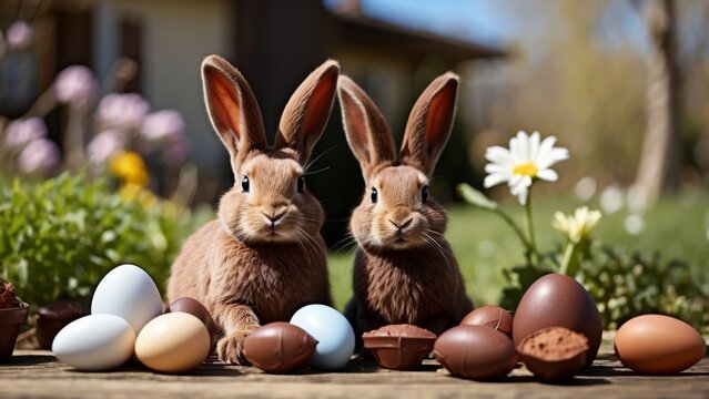 Couple de lapin de P&acirc;ques avec oeuf en chocolat