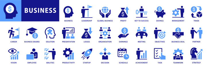 Business icon set. Global Business, leadership, team, meeting, partner, startup, trade, company, management, profit and strategy icons. Blue Dual Color vector collection - 742537490