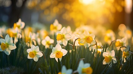 Daffodils in sunshine in springtime, easter flowers in green spring meadow on blurred bokeh background, blooming narcissus in sunlight