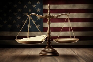 Brass scales in front of the American flag, representing legal fairness and patriotism. Patriotic Justice - Scales of Justice with American Flag - obrazy, fototapety, plakaty